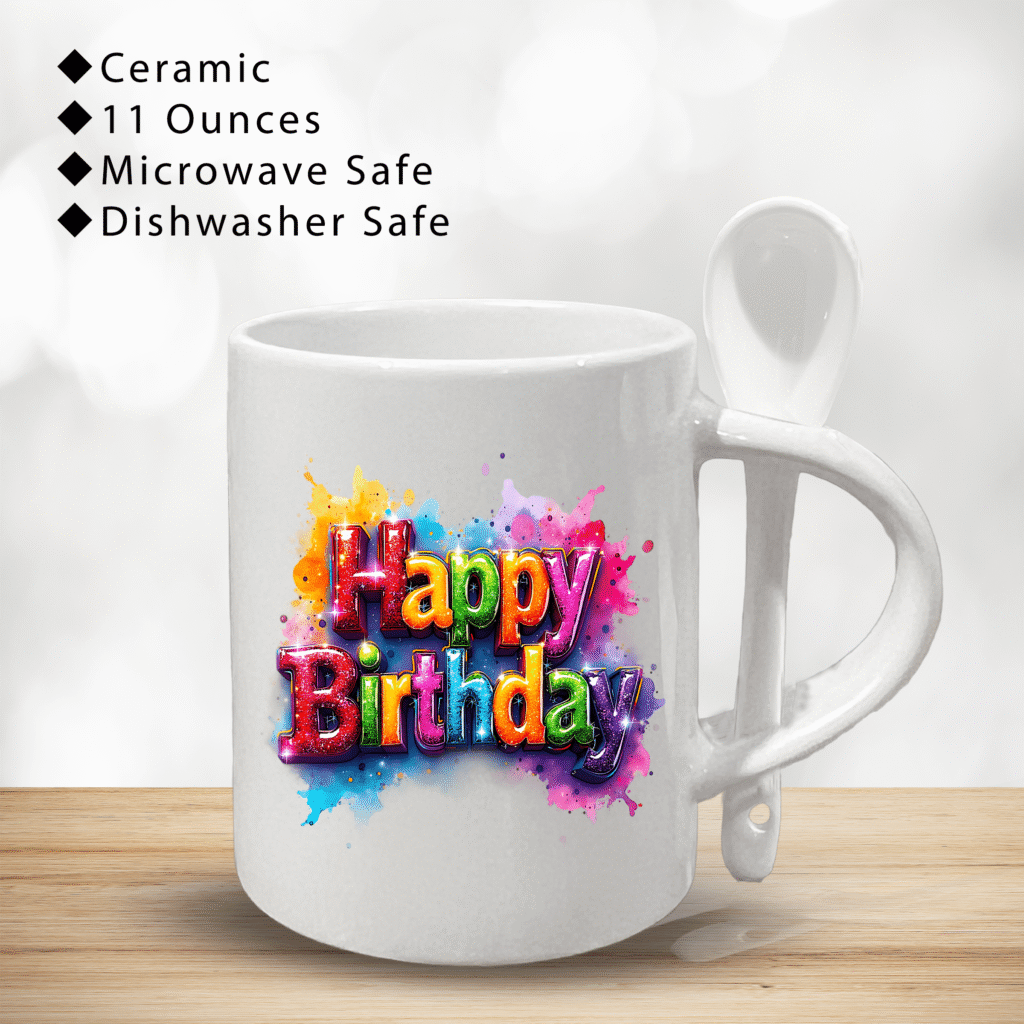 Cute & Funny Birthday Gift Mug – 11oz Ceramic Coffee Cup with Spoon – Adorable Gift for Friends, Him or Her