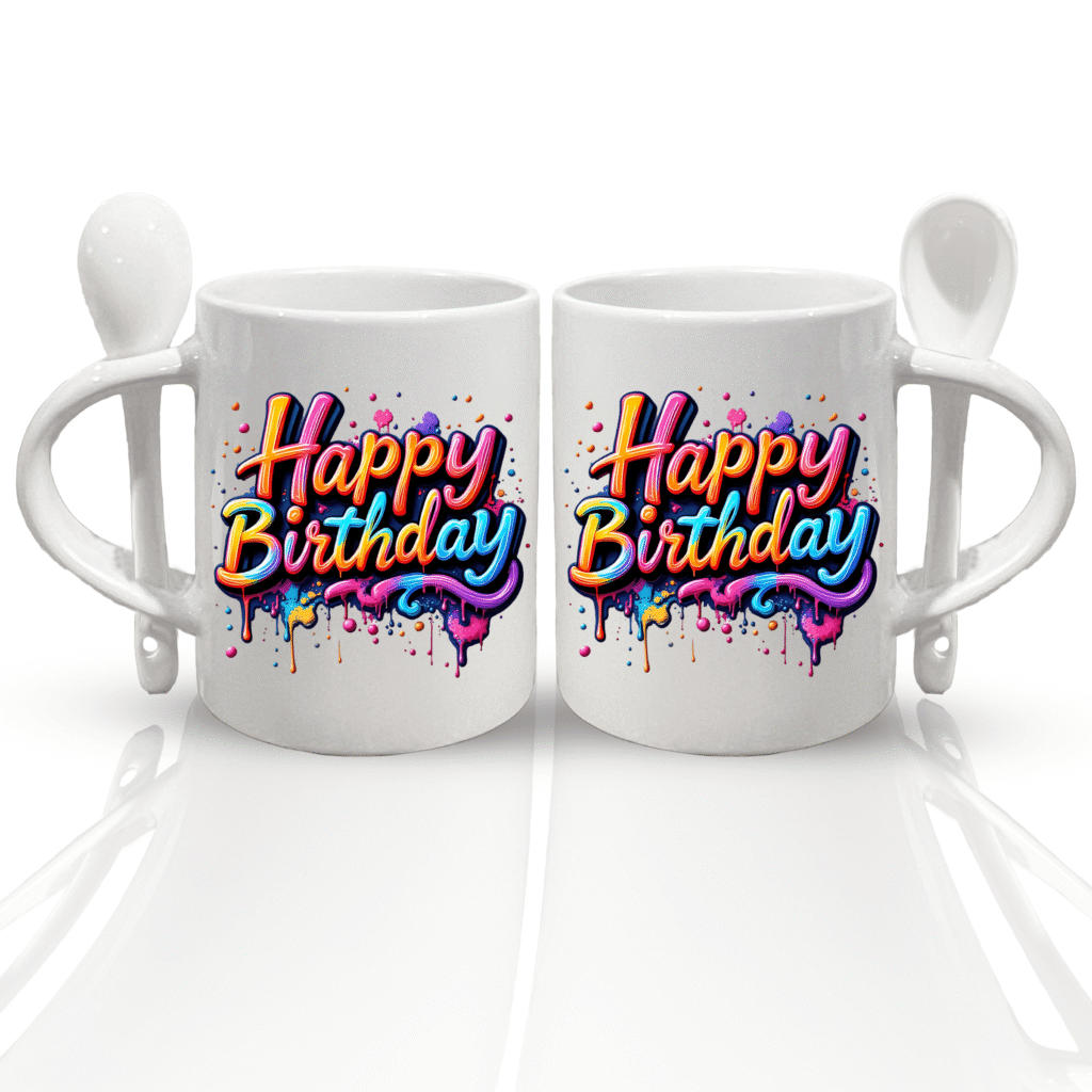 Happy Birthday Mug with Spoon – 11oz Ceramic Coffee Cup for Couples and Friends– Cute & Funny Gift with Colorful Wishes