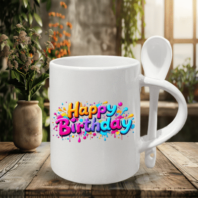 Happy Birthday Coffee Mug with Spoon – 11oz Ceramic Cup with Colorful Splash Design – Fun Birthday Gift for Women, Men, Friends & Coworkers