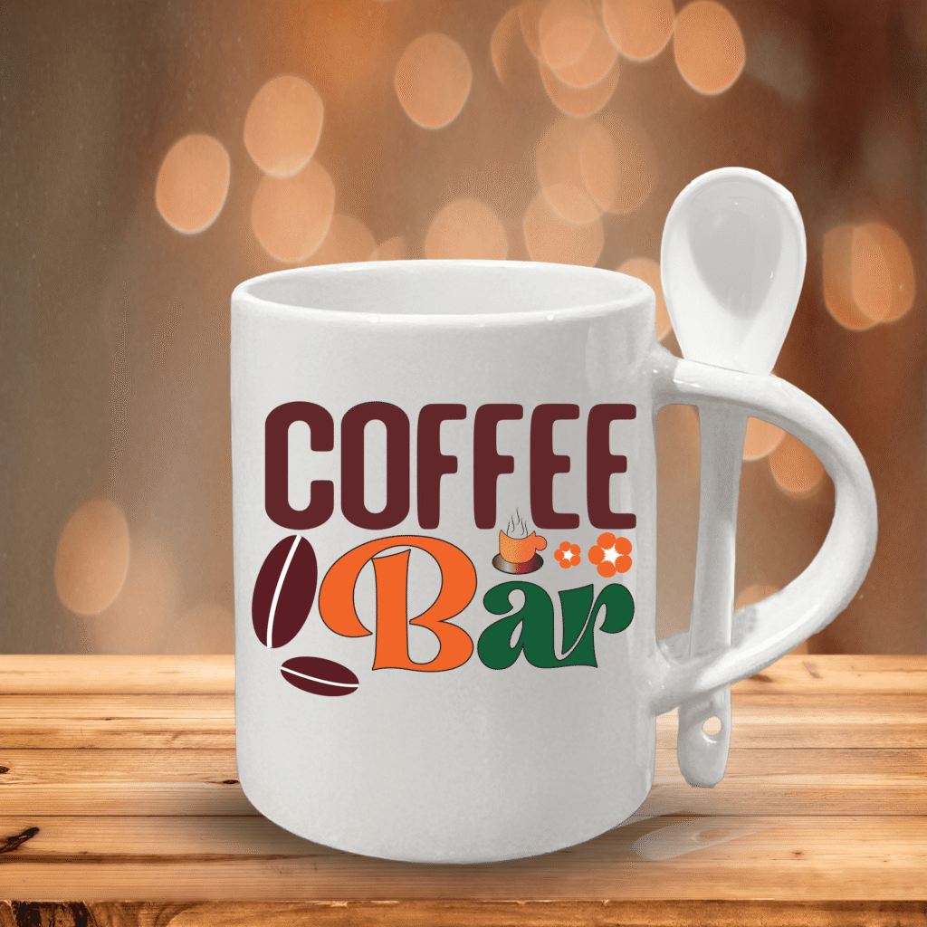 Coffee Cup with Spoon and Holder for Home or Office- “Coffee Bar” 11oz Ceramic Mug