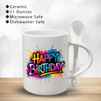 Vibrant Happy Birthday Ceramic Mug & Spoon Set – 11oz Cute Coffee Cup