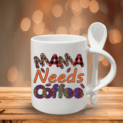 11oz Coffee Mug and Spoon Set | Funny Ceramic Mug Gift | Mama Needs Coffee Cup Mug