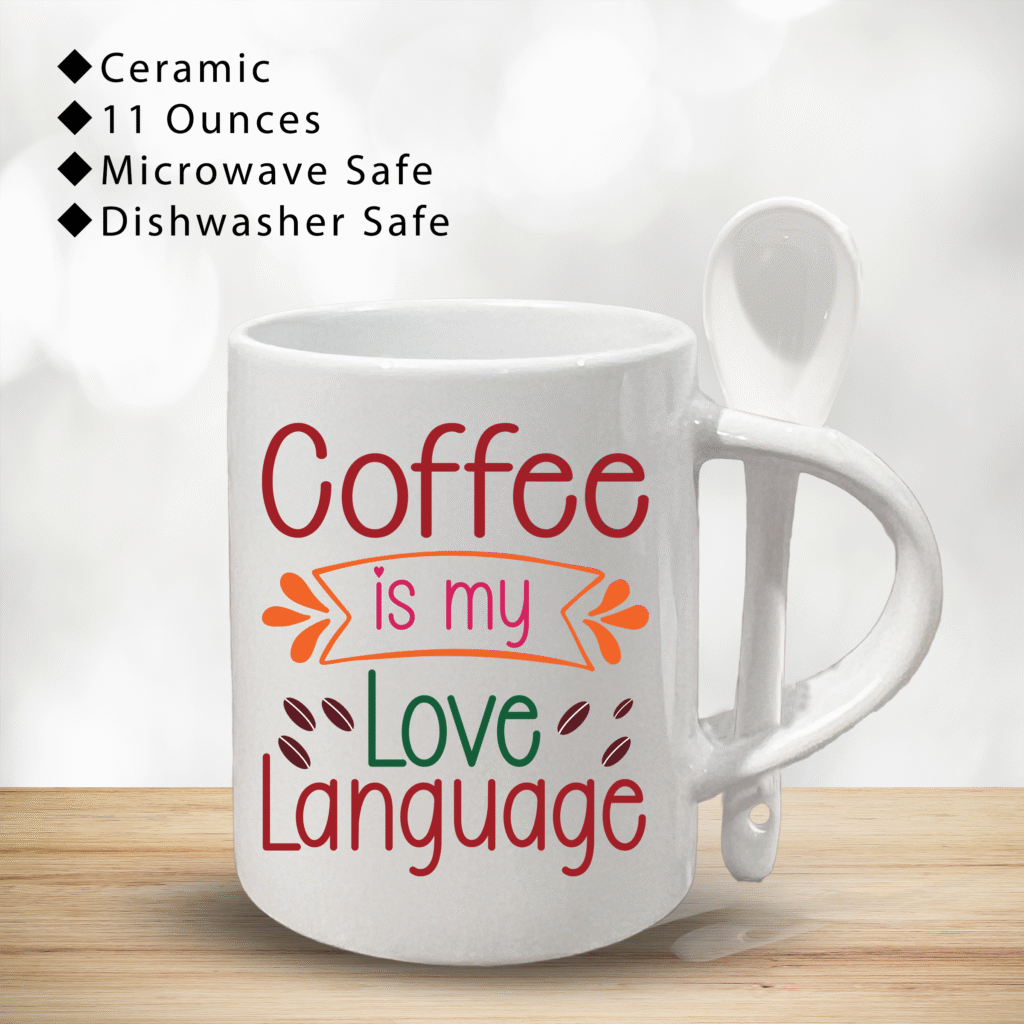 Ceramic Mug with Spoon in Handle | Cute & Funny Gift for Couples : “Coffee Is My Love Language”