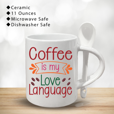 Ceramic Mug with Spoon in Handle | Cute & Funny Gift for Couples : "Coffee Is My Love Language"