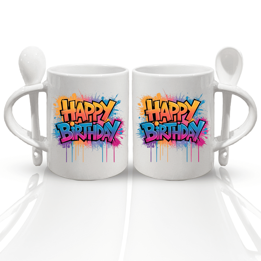 Glossy 11oz Ceramic Mug with Spoon – Colorful Fun Gift for Birthdays, “Happy Birthday” Coffee Mug
