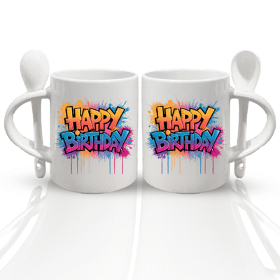 Glossy 11oz Ceramic Mug with Spoon – Colorful Fun Gift for Birthdays, "Happy Birthday" Coffee Mug