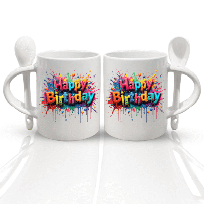 Color Splash Happy Birthday Coffee Mug with Spoon (11oz) – Ceramic Mug Spoon Set with cool wishes