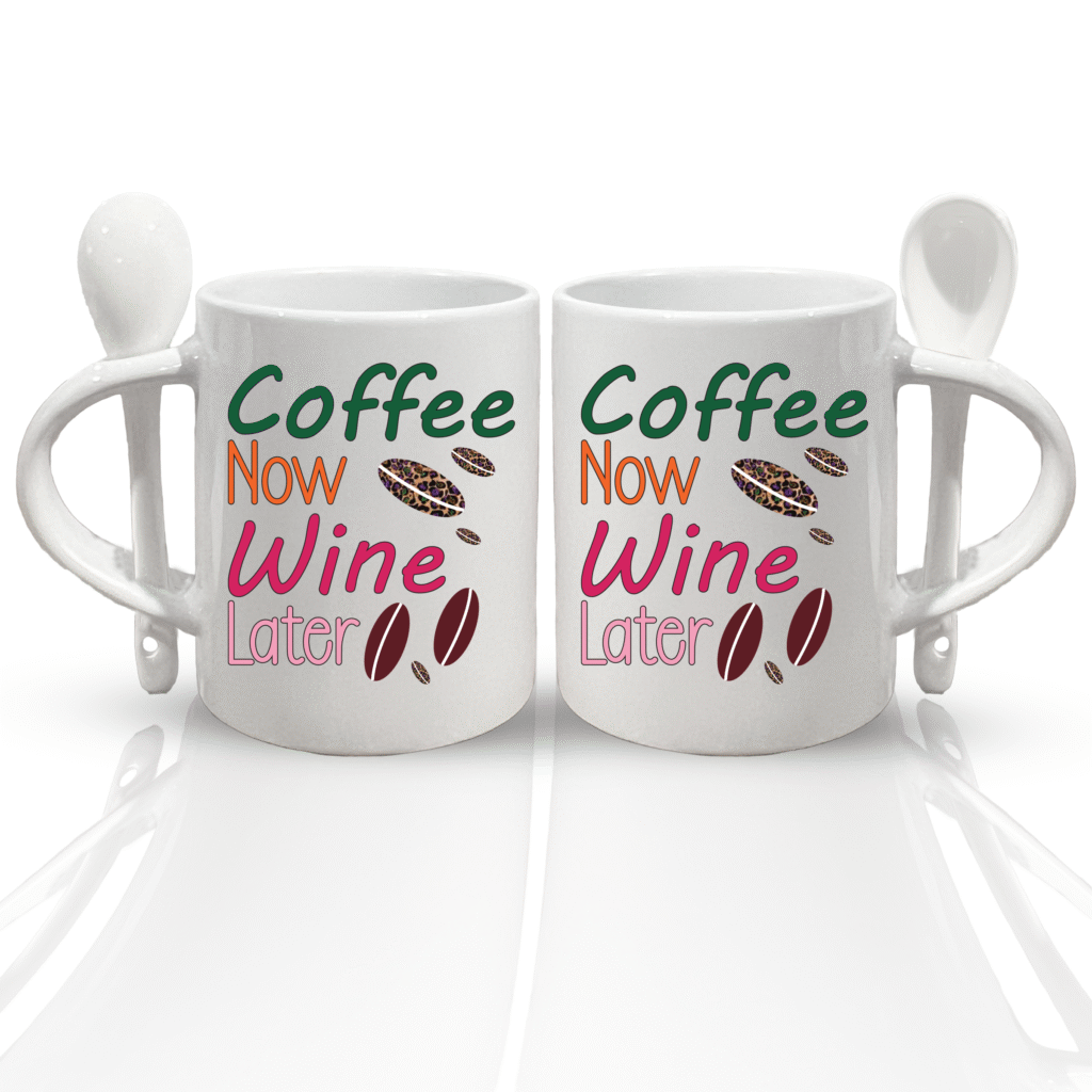 Coffee Mug with Spoon Attached – Unique Coffee Cup with Spoon in Handle Design “Coffee Now Wine Later”