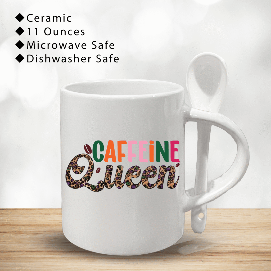 11oz Ceramic Coffee Cup with Spoon for the Bold & Buzzed – Caffeine Queen Mug