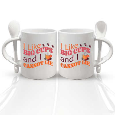 Funny Quote 11oz Coffee Cup with Spoon & Holder | "I Like Big Cups" Gift for Coffee Lovers