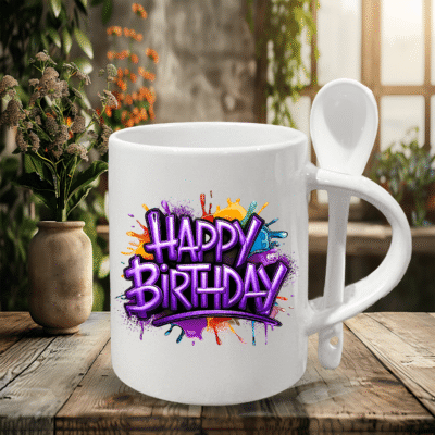 Purple Happy Birthday Stylish Mug with Spoon-Gift for Friends, Family or Coworkers