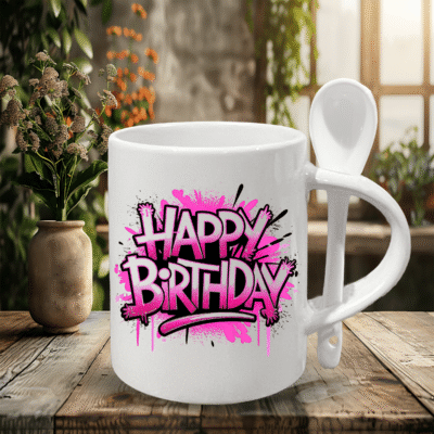 Graffiti Pink Happy Birthday Mug – Glossy White Gift Mug with Spoon (11oz) | Stylish Birthday Wishes Coffee Cup