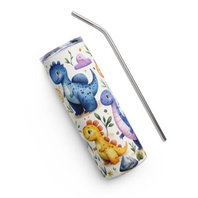 Stainless steel tumbler with straw & lid, Watercolor Dino Printed 20oz Skinny Tumbler