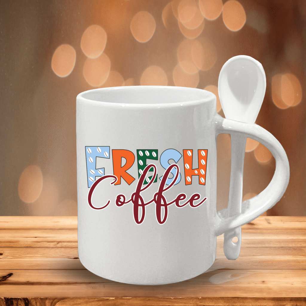 11oz Glossy Ceramic Coffee Mug with Spoon | Colorful & Fun Mug for Daily Brew “Fresh Coffee”