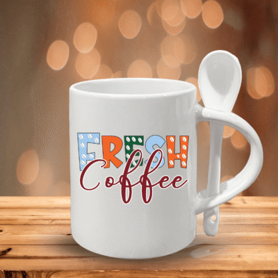 11oz Glossy Ceramic Coffee Mug with Spoon | Colorful & Fun Mug for Daily Brew "Fresh Coffee"