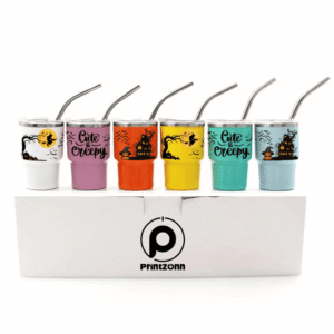 Cute & Creepy 3oz Mini Tumbler Shot Glass Set – Halloween Party Favors with Lids & Straws –  Pack of 6 – 3 Spooky Designs (Comes in 6 vibrant shades)
