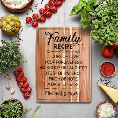 Recipe for Family Special: Engraved Wooden Cutting Board with Handle