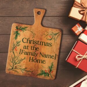 Personalized Christmas Holly Wooden Cutting Board - Custom Family Name Holiday Kitchen Decor