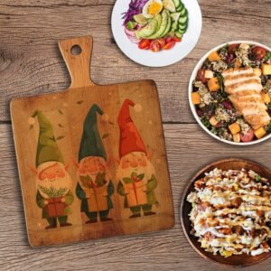 Wooden Cutting Board with Cute gnome characters holding holiday gifts