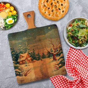 Winter Cabin Scene Wooden Cutting Board - Rustic Holiday Kitchen Decor with Snow Forest Design