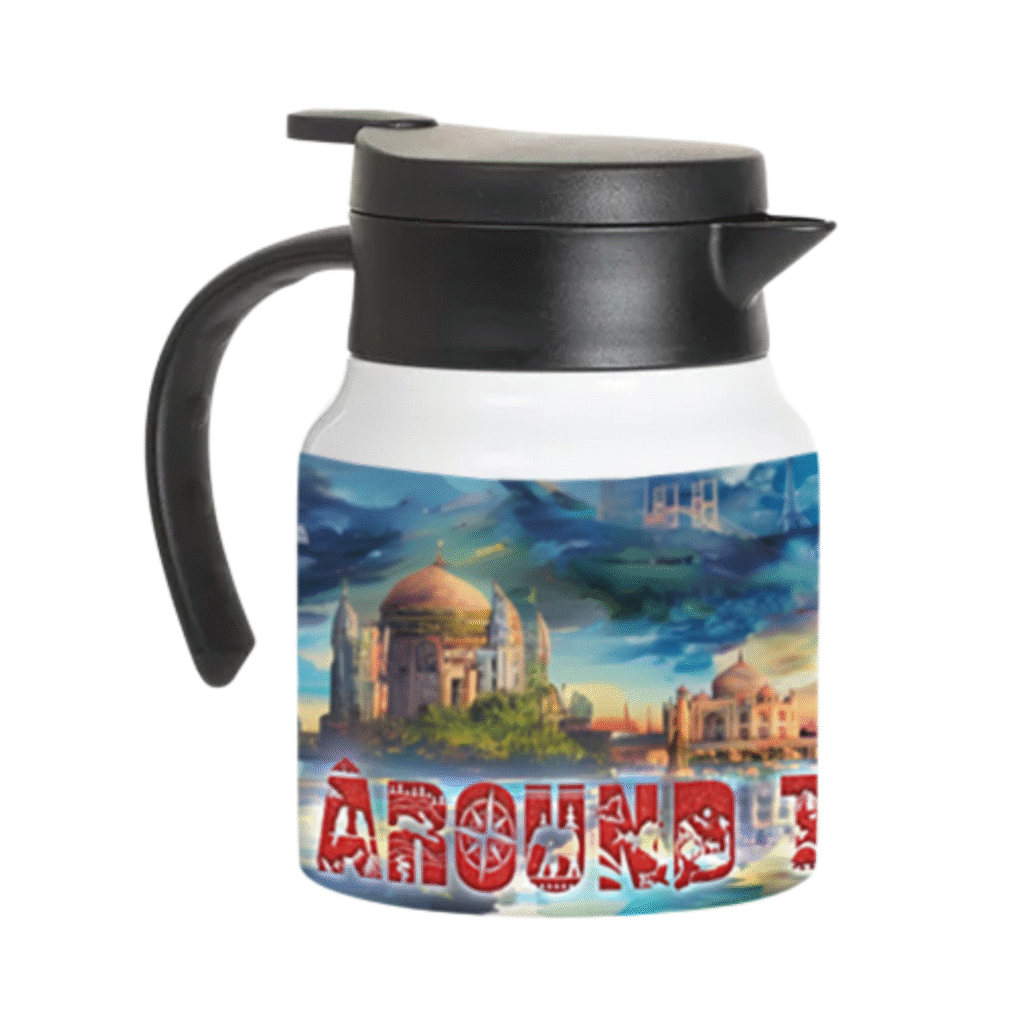32oz Insulated Coffee Carafe with Handle – Travel-Themed Stainless Steel Thermal Pot – Double-Wall Hot & Cold Drink Dispenser