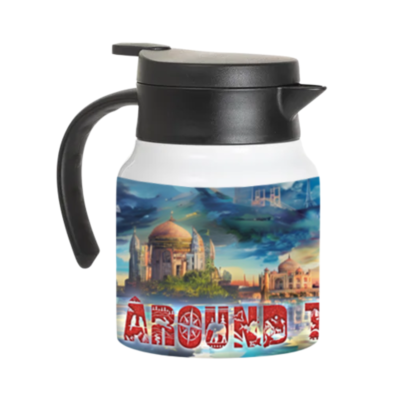 32oz Insulated Coffee Carafe with Handle β Travel-Themed Stainless Steel Thermal Pot β Double-Wall Hot & Cold Drink Dispenser