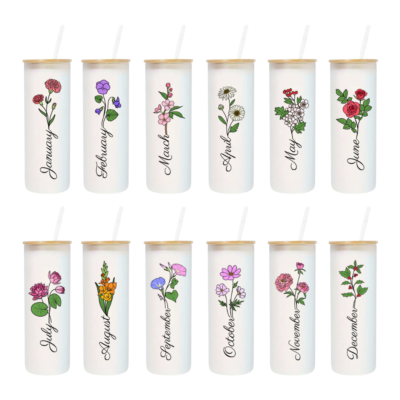 25oz Frosted Glass Tumbler with Straw – Personalized Birth Flower & Name – Custom Reusable Cup for Birthdays, Bridesmaids & Daily Use