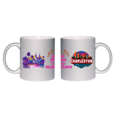 11oz Ceramic Mug, Charleston Glitter Coffee Mug โ โHistory Whispering Through Palmetto Leavesโ with Colorful Skyline
