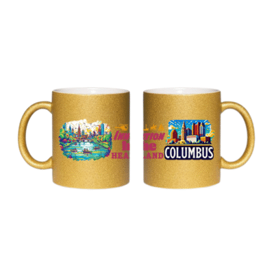 11oz Glitter Ceramic Coffee Cup – Columbus Ohio Skyline Mug, “Innovation in the Heartland” Quote – Colorful Gift for Locals, Travelers & Ohio Lovers