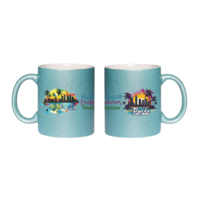 Gift Mug, Florida Glitter Coffee Mug – 11oz Ceramic Cup with Colorful Skyline & Palm Trees – “Endless Summer, Timeless Adventure” Design