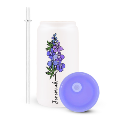 16oz Frosted Can Glass Tumbler with Lid & Straw – Personalized Birth Flower Name Cup – Iced Coffee Glass Gift Idea