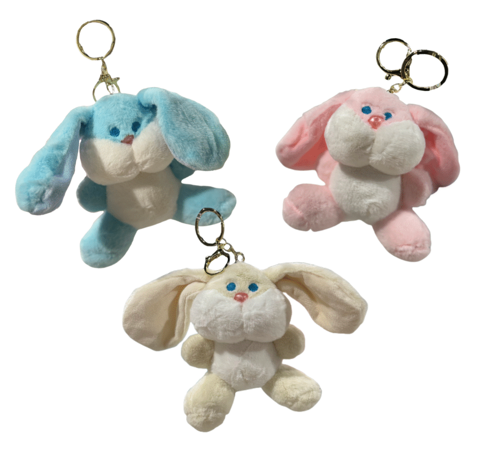 Plush Bunny Keychain – Soft Stuffed Rabbit Charm with Long Ears & 3 Hook Options – Cute Accessory for Bags, Purses, or Keys