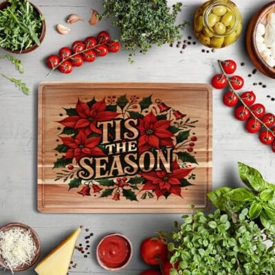 Christmas Cutting Board – Engraved Bamboo Board with 8 Bright Holiday Designs – Festive Kitchen Decor & Gift Idea