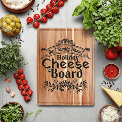 Personalized Holiday Cheese Board – Custom Engraved Bamboo Cutting Board with Family Name – Gift for Entertaining & Decor