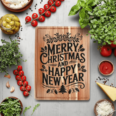 Christmas Engraved Wooden Cutting Board – Bamboo Holiday Cheese Board – Festive Gift & Kitchen Decor (Merry Christmas and Happy New Year)