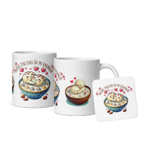 Ceramic Coffee Mug Set with Coaster | 11oz 15oz Indian Dessert Gift | Rasmalai Love Quote Drinkware for Couples