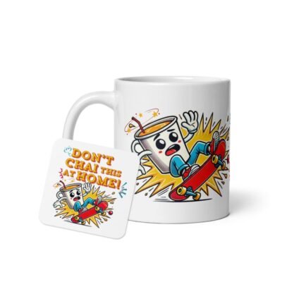 Humorous Chai Mug with Cartoon Skateboard Design – “Don’t Chai This at Home” Pun Gift for Tea Fans