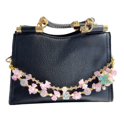 Handmade Beaded Bag Chain – Pink Crystal Flowers Charm – Unique Purse Accessory for Women