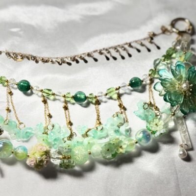 Green Floral Beaded Bag Chain – Handmade Purse Strap with Crystal & Butterfly Charms