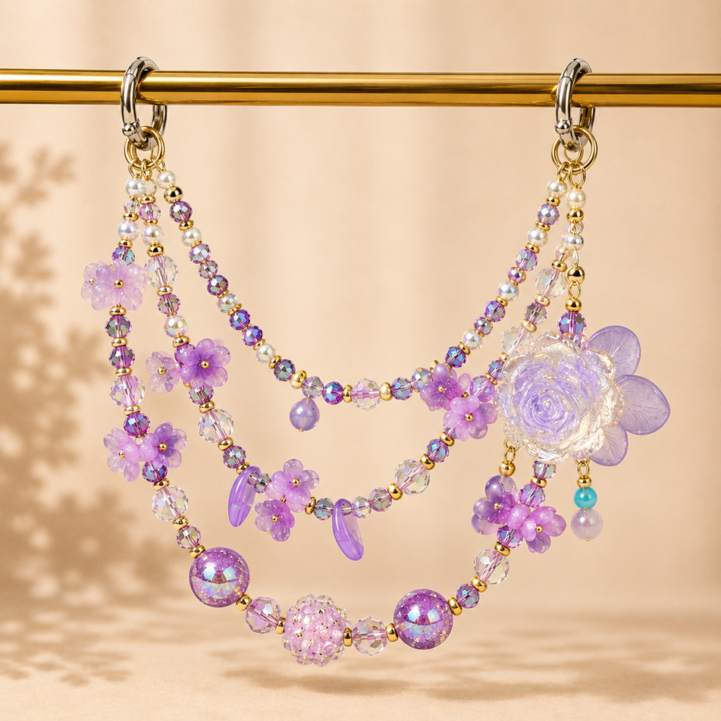 Bag Chain 3d Model | Elegant Handmade Beaded Bag Chain – Triple Layer Purple Crystals with Rhinestone Butterfly & Flower Details