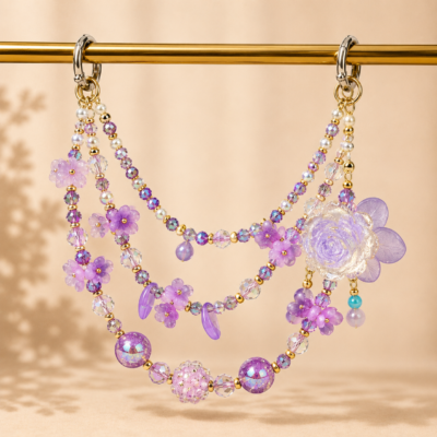 Bag Chain 3d Model | Elegant Handmade Beaded Bag Chain – Triple Layer Purple Crystals with Rhinestone Butterfly & Flower Details