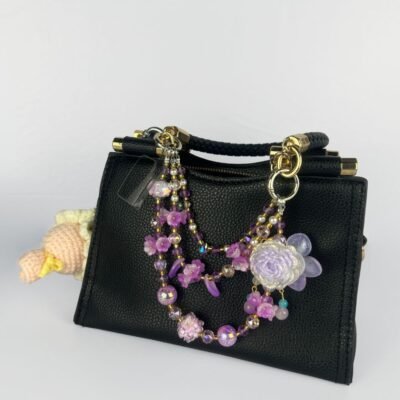 Bag Chain 3d Model | Elegant Handmade Beaded Bag Chain – Triple Layer Purple Crystals with Rhinestone Butterfly & Flower Details