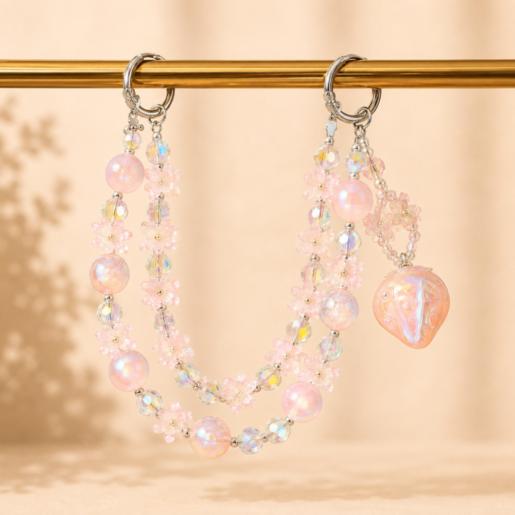 Bag Chain wholesale | Women’s Purse Chain Accessory – Handmade 2-Layer Beaded Strap with Pink Floral Crystals & Strawberry Pendant