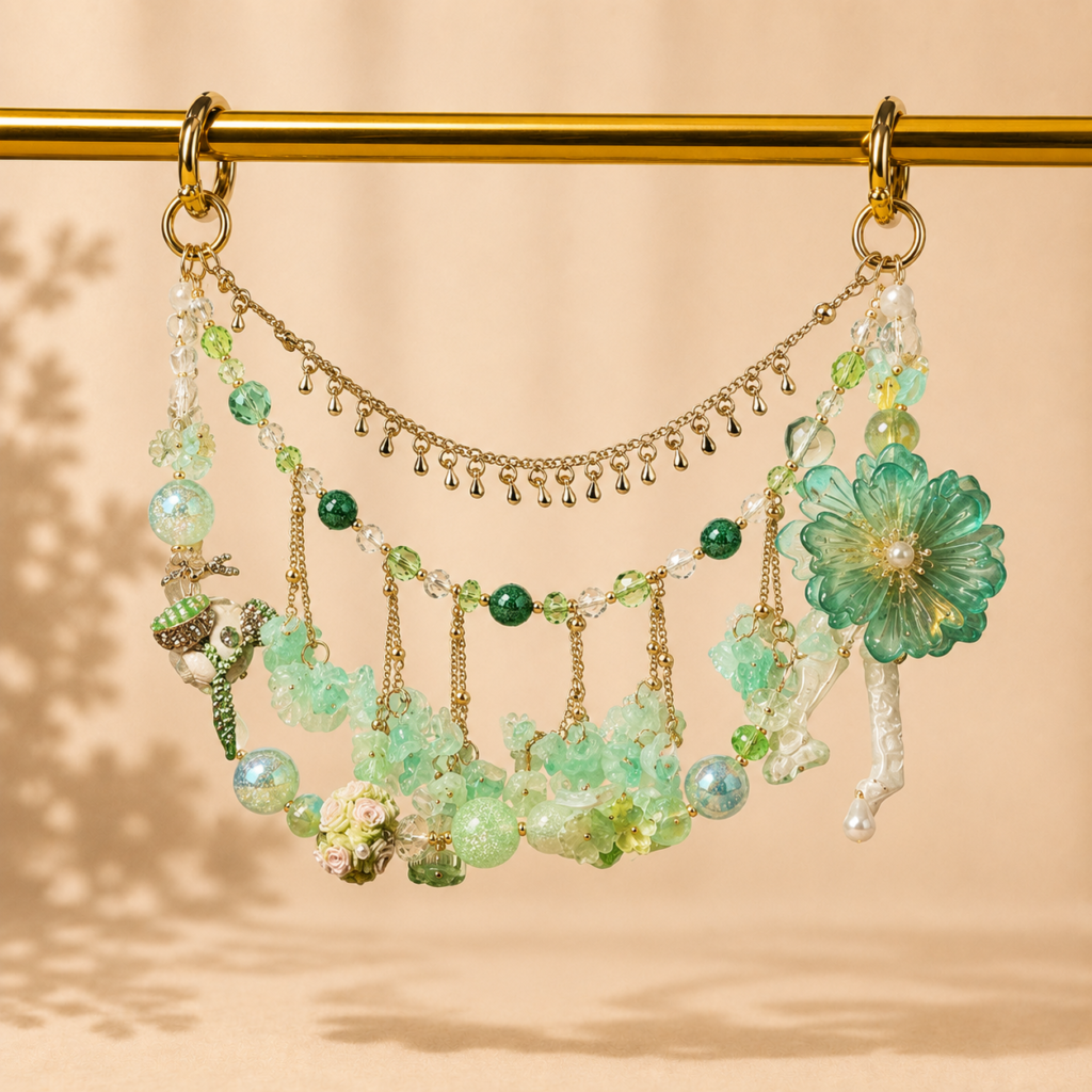 Green Floral Beaded Bag Chain β Handmade Purse Strap with Crystal & Butterfly Charms