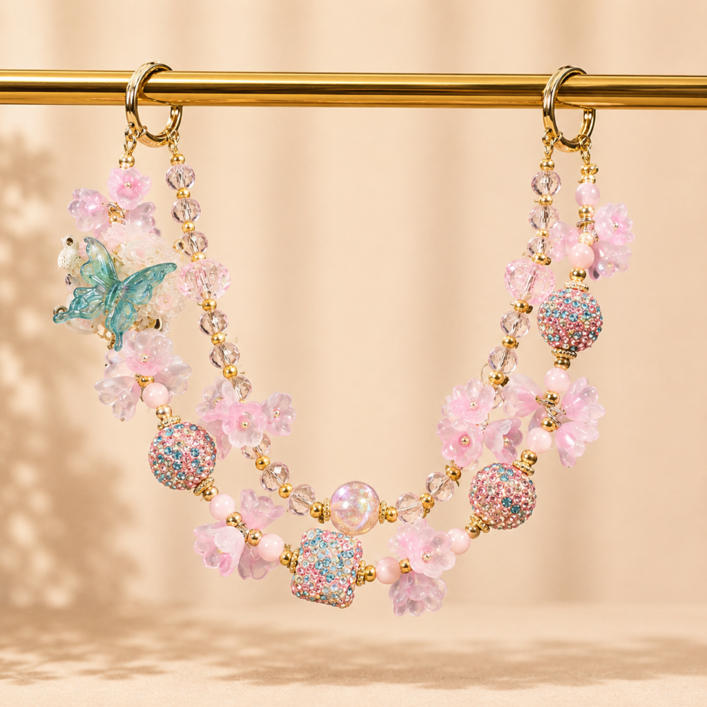 Handmade Beaded Bag Chain – Pink Crystal Flowers Charm – Unique Purse Accessory for Women