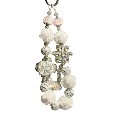 Bag Chain Accessories | Handmade Pearl & Crystal Flower Phone Charm – Rhinestone Beaded Wristlet Lanyard for Phones & Accessories