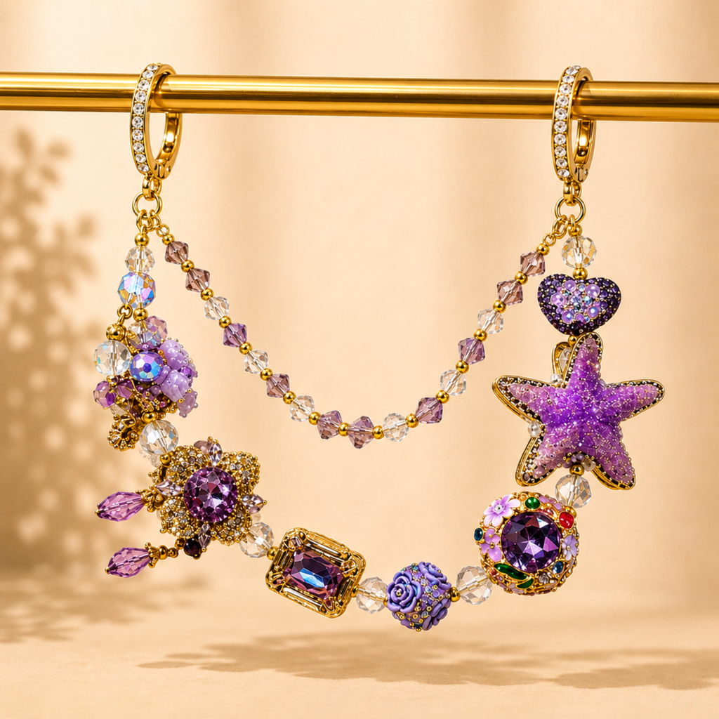 Purse & Handbag Accessory – Handmade Purple Beaded Bag Chain with Starfish & Crystal Charms