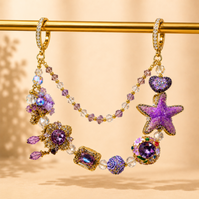 Purse & Handbag Accessory – Handmade Purple Beaded Bag Chain with Starfish & Crystal Charms