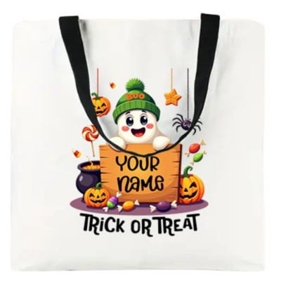 Personalized Tote Bag Halloween Trick or Treat  – Custom Ghost & Pumpkin Design Candy Bag with Black Straps – Reusable Party & Gift Bag