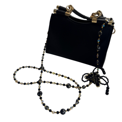 Luxury Handmade Black Beaded Purse Strap – Beaded Purse Chain Crystal Bow Pendant Chain | Trendy Handbag Jewelry